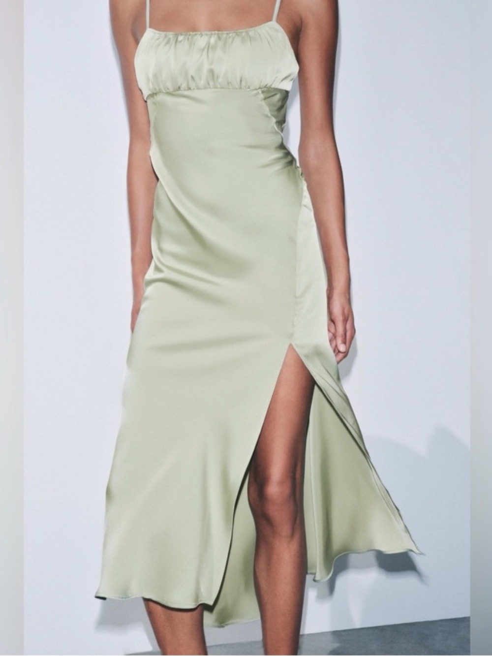 ZARA Light Sage Green Satin Slip Dress with Ruched Bust and Side Slit Sz: S